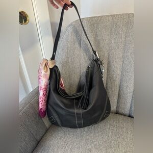 Coach 8A03 Black Leather Hobo Bag with Charm and Satin Scarf
